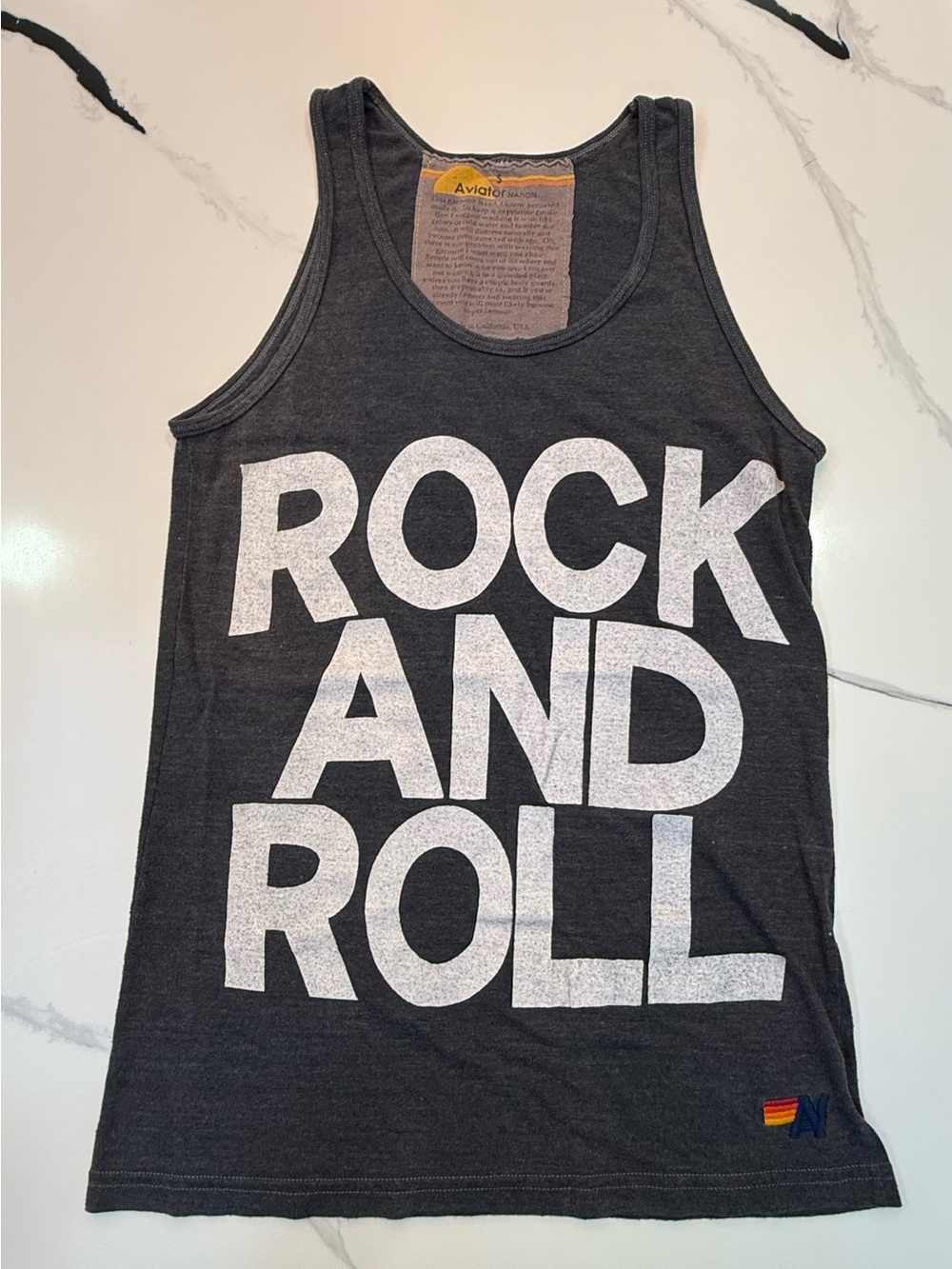 Aviator Nation Rock and Roll Tank Top Gray Distressed Made in USA Size S